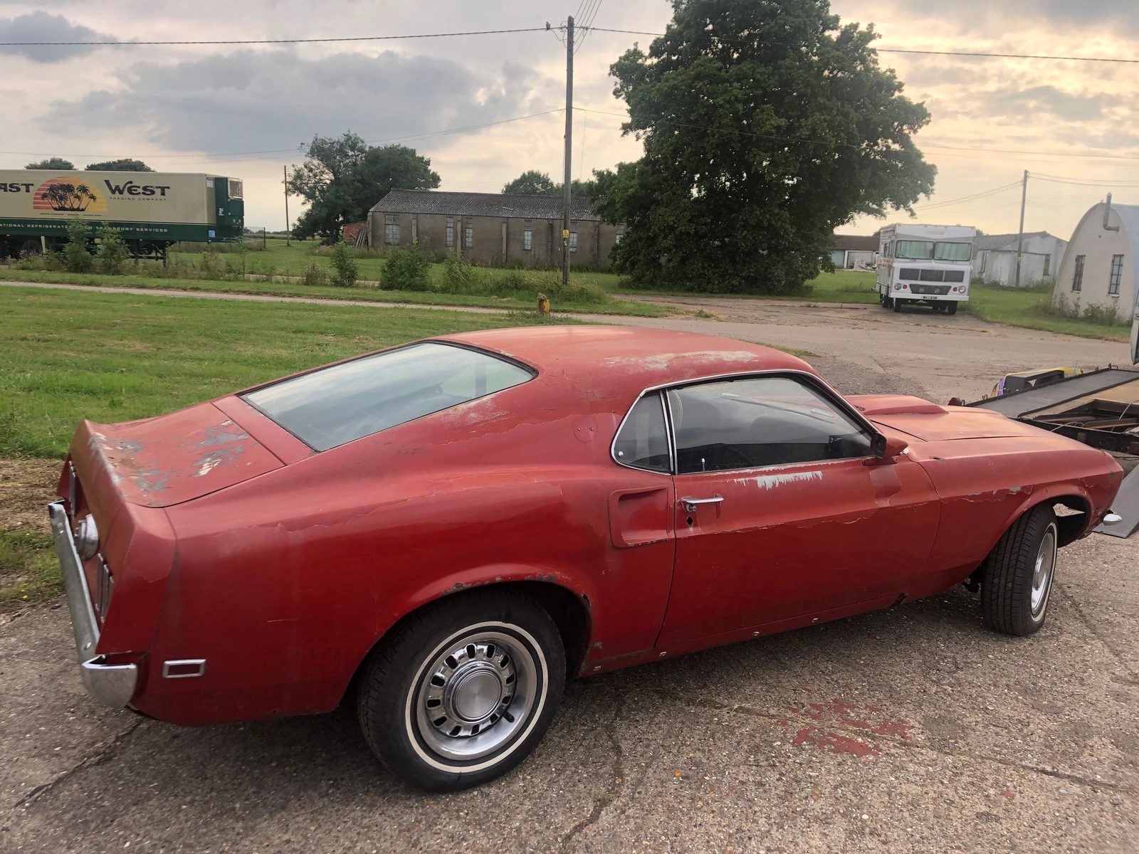 Side and rear view of the red Mach 1 fastback parked on grass